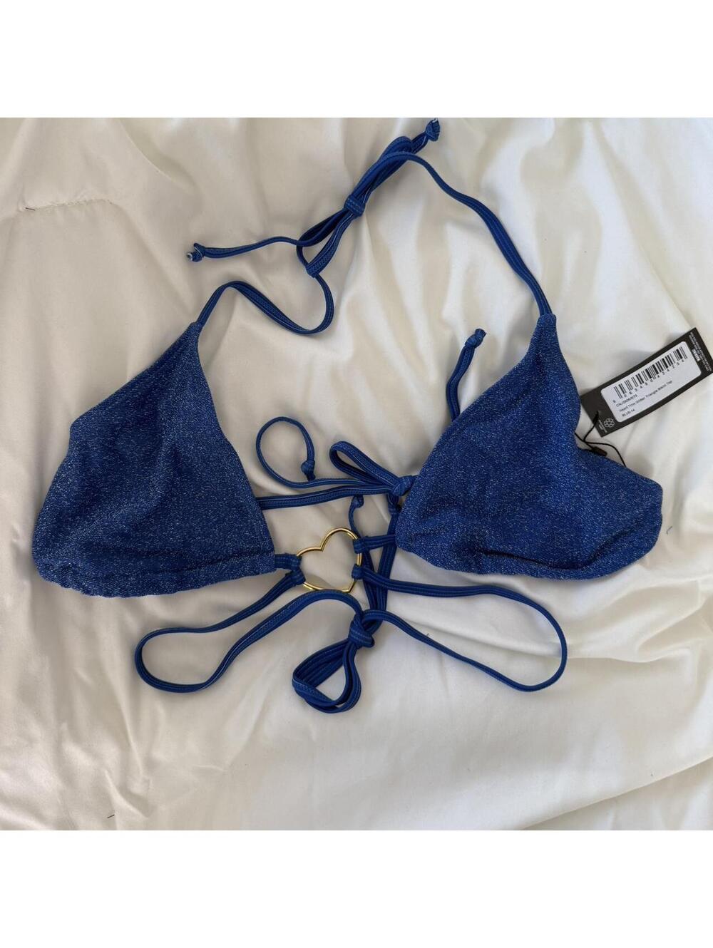 Pretty little thing blue shimmer heart detail tie bikini top NWT
